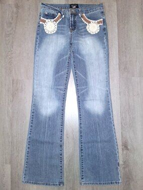 Vintage Y2k Rampage Crocheted Lace Flared Jeans Size 5 Distressed Denim Flares